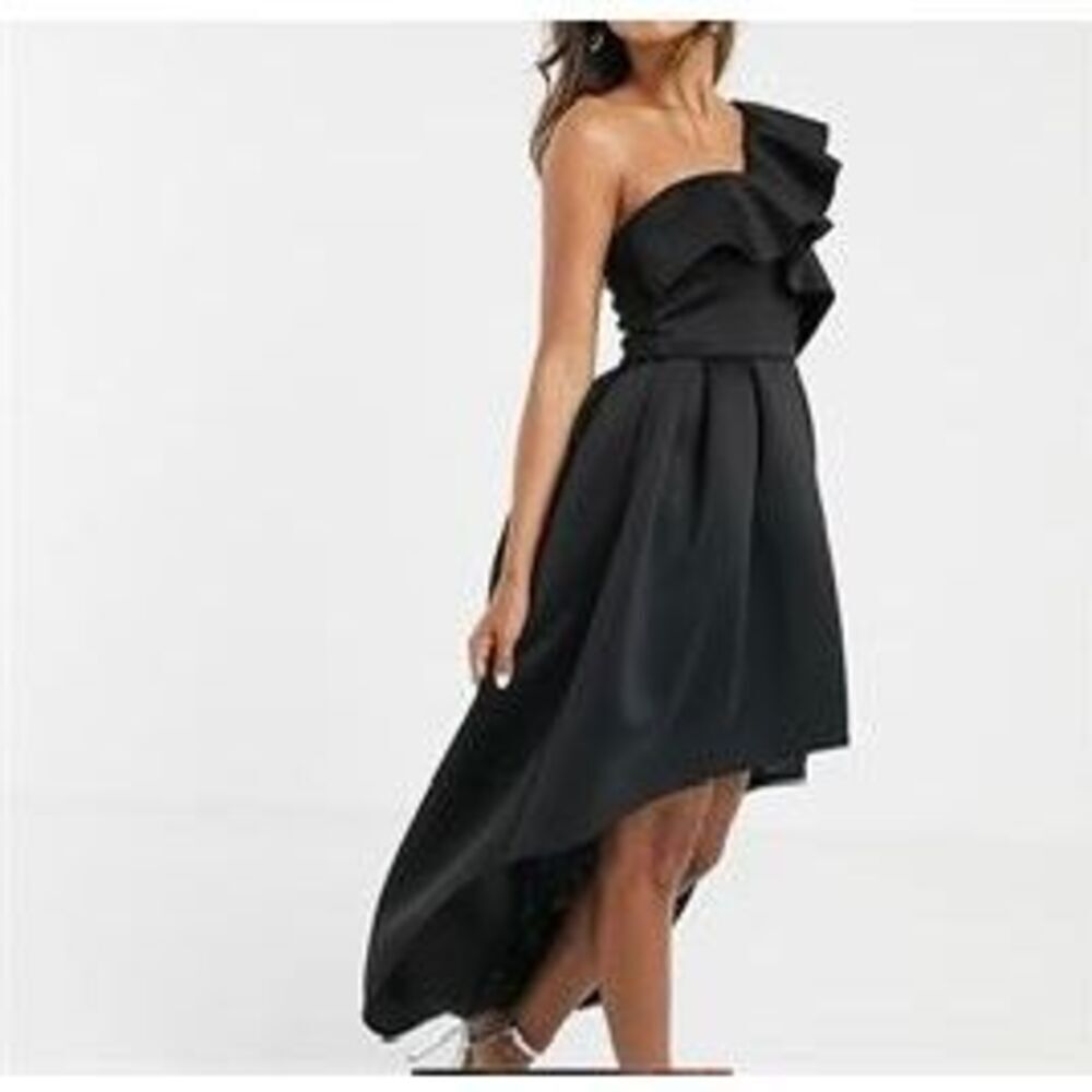 NWOT True Violet Exclusive One Shoulder Ruffle Hi Lo Black Dress Women's Sz 16